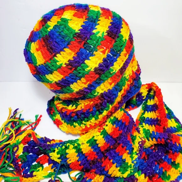 Hand Knitted Rainbow Colored Hood And Scarf